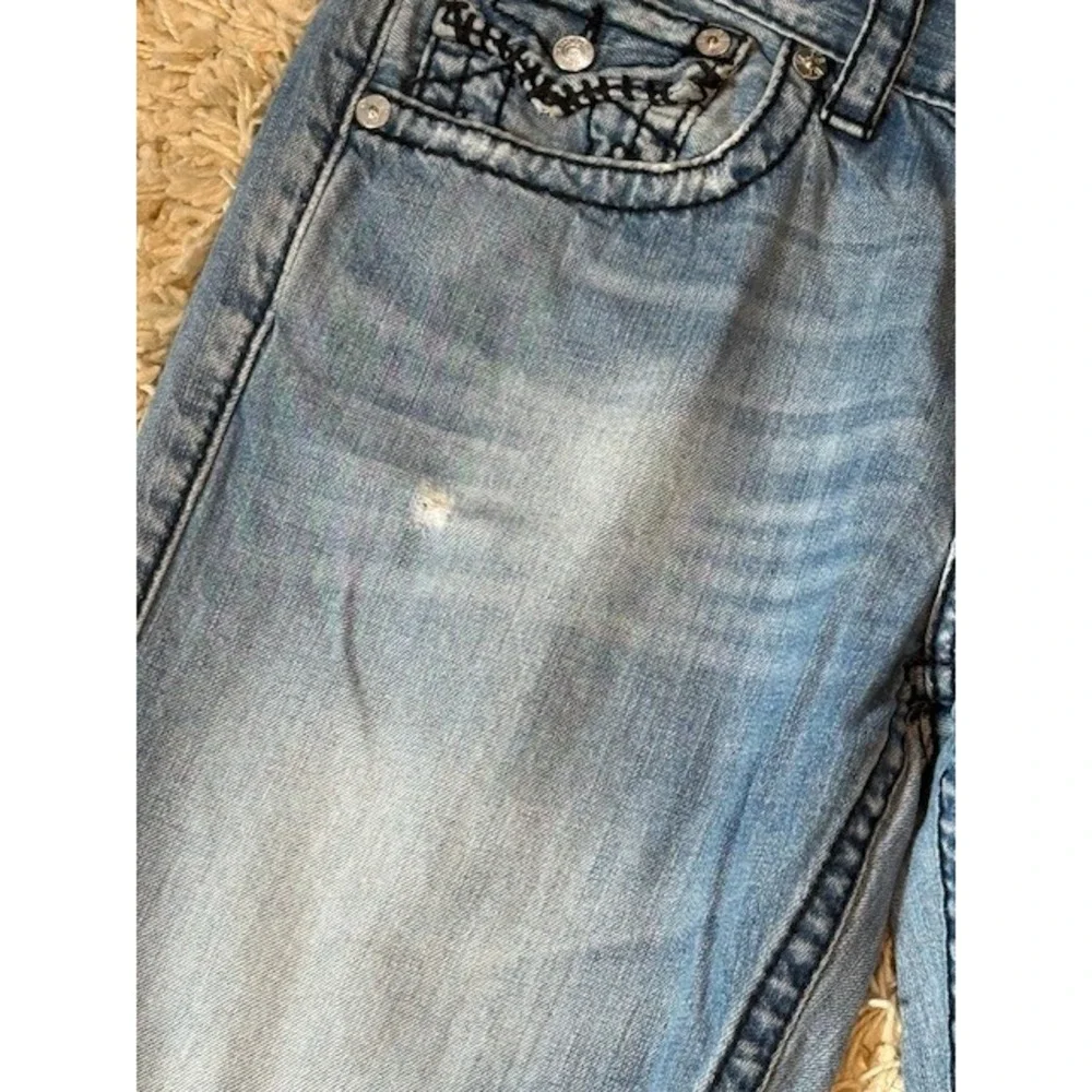 True Religion World Tour Straight Jeans 34 Made in USA‎ Light Wash Flap Y2K VTG